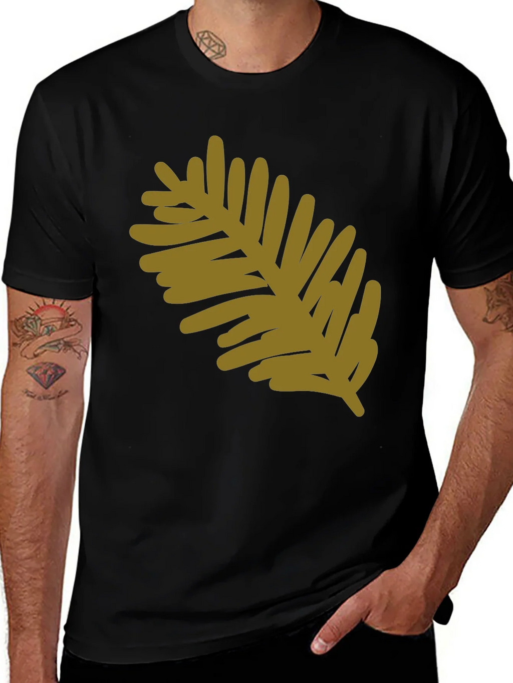 Modern Leaf Design Black Cotton T-Shirt product image 1