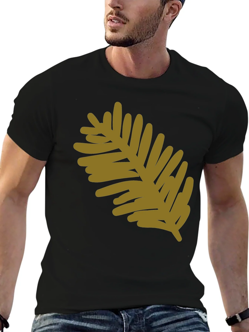 Modern Leaf Design Black Cotton T-Shirt product image 6
