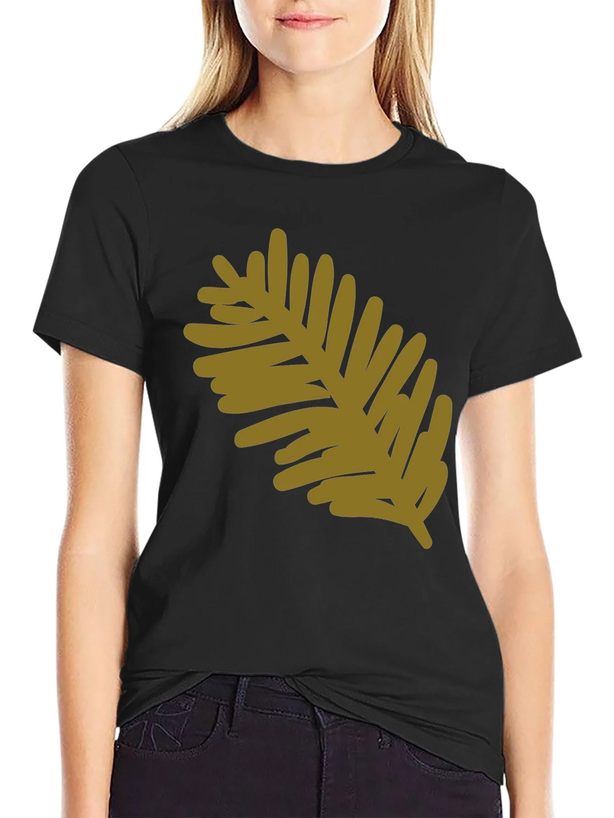 Modern Leaf Design Black Cotton T-Shirt product image 2