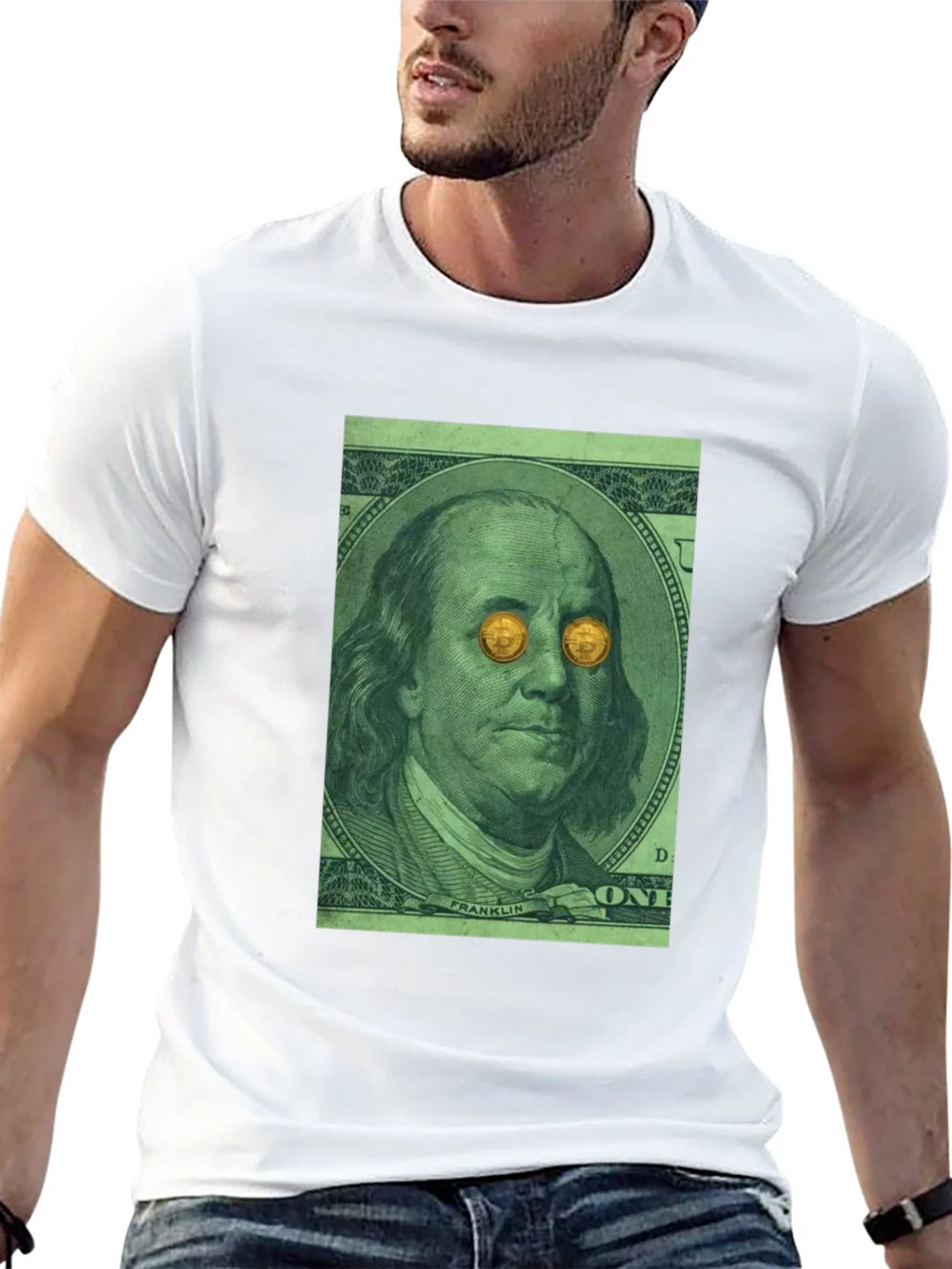 Bitcoin Eyes Benjamin Franklin Graphic Tee product image 12