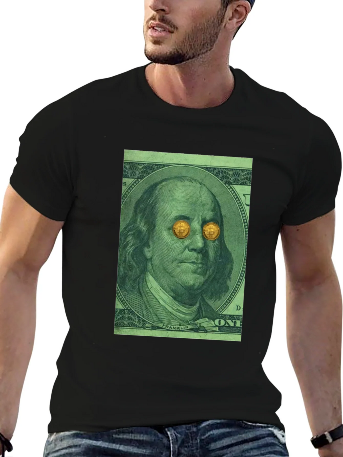 Bitcoin Eyes Benjamin Franklin Graphic Tee product image 6