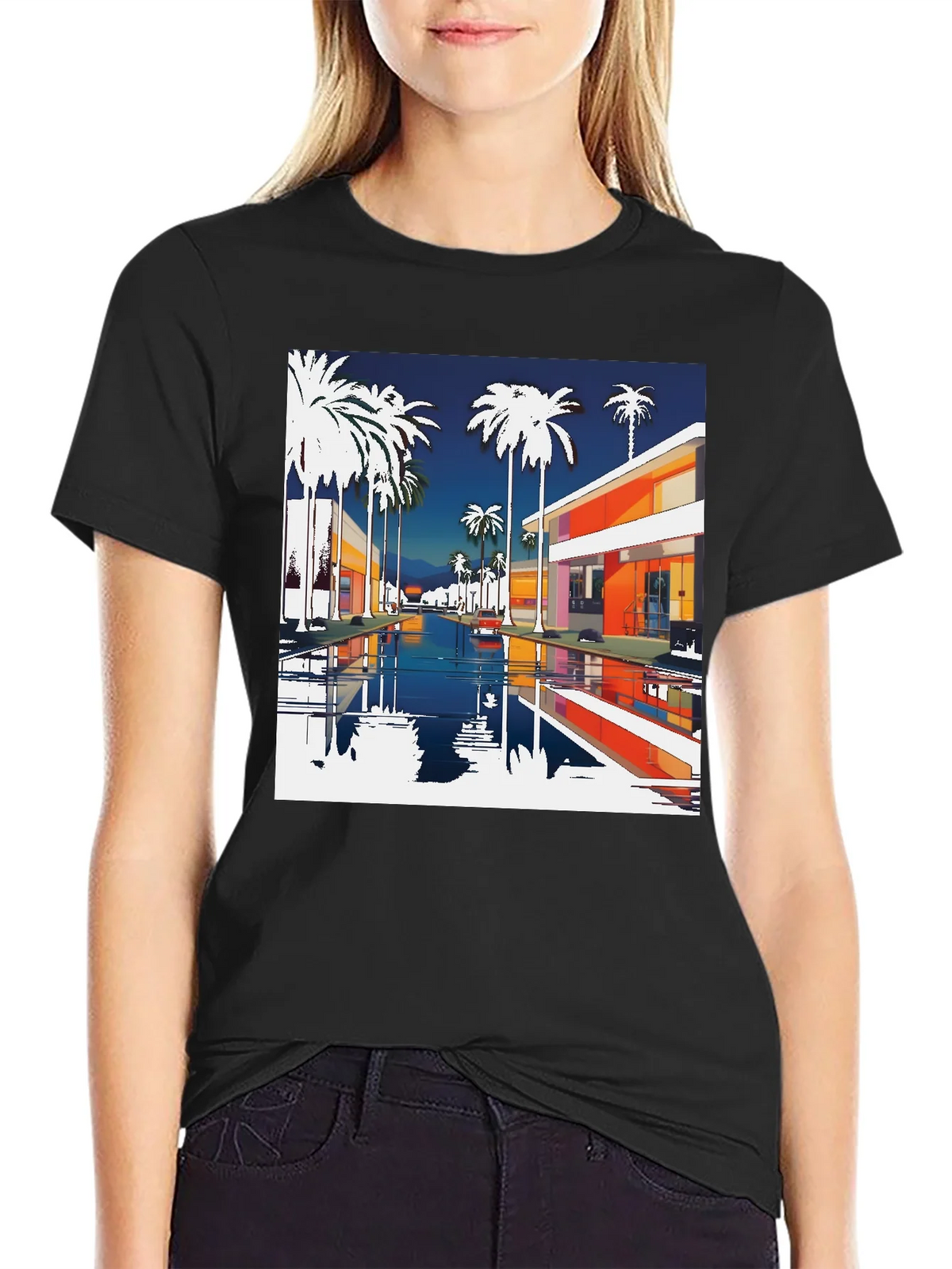 Retro Palm Springs Graphic Tee - Black Cotton T-Shirt product image 2