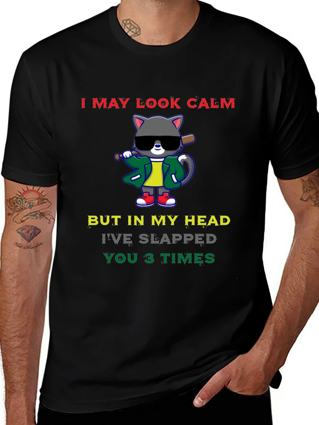 Calm Cat Slapped You 3 Times Black T-Shirt product image 1