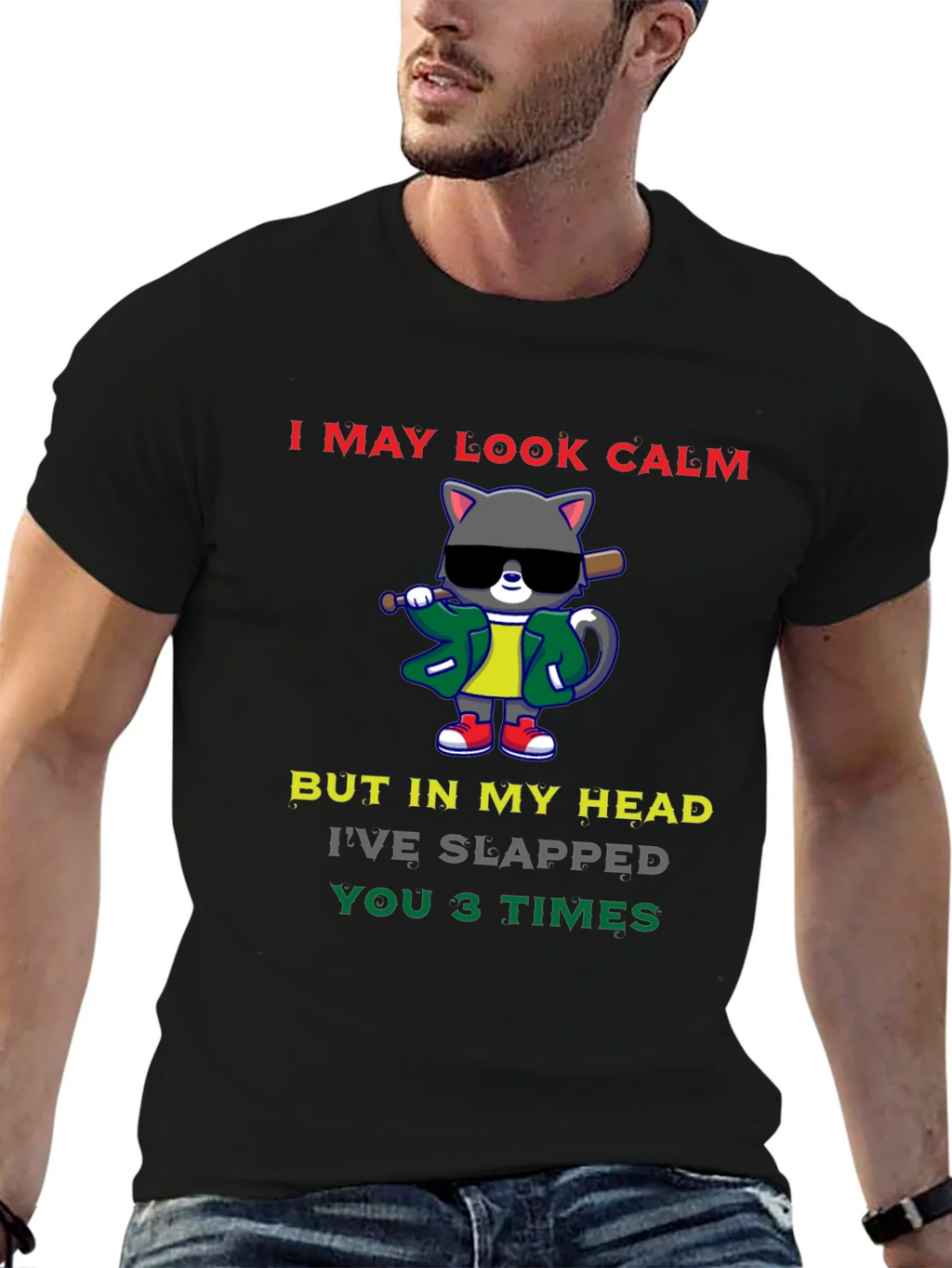 Calm Cat Slapped You 3 Times Black T-Shirt product image 6