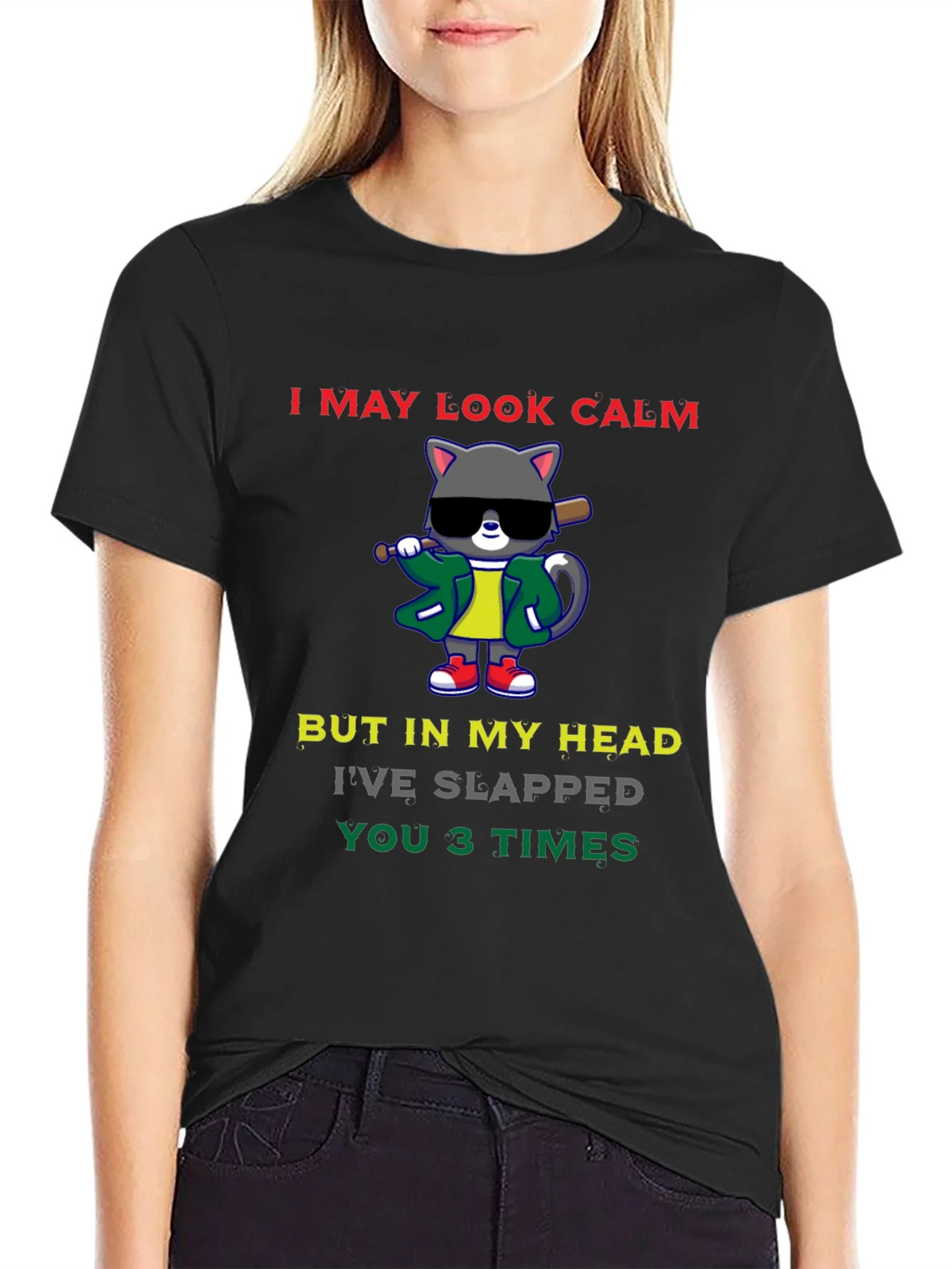 Calm Cat Slapped You 3 Times Black T-Shirt product image 2