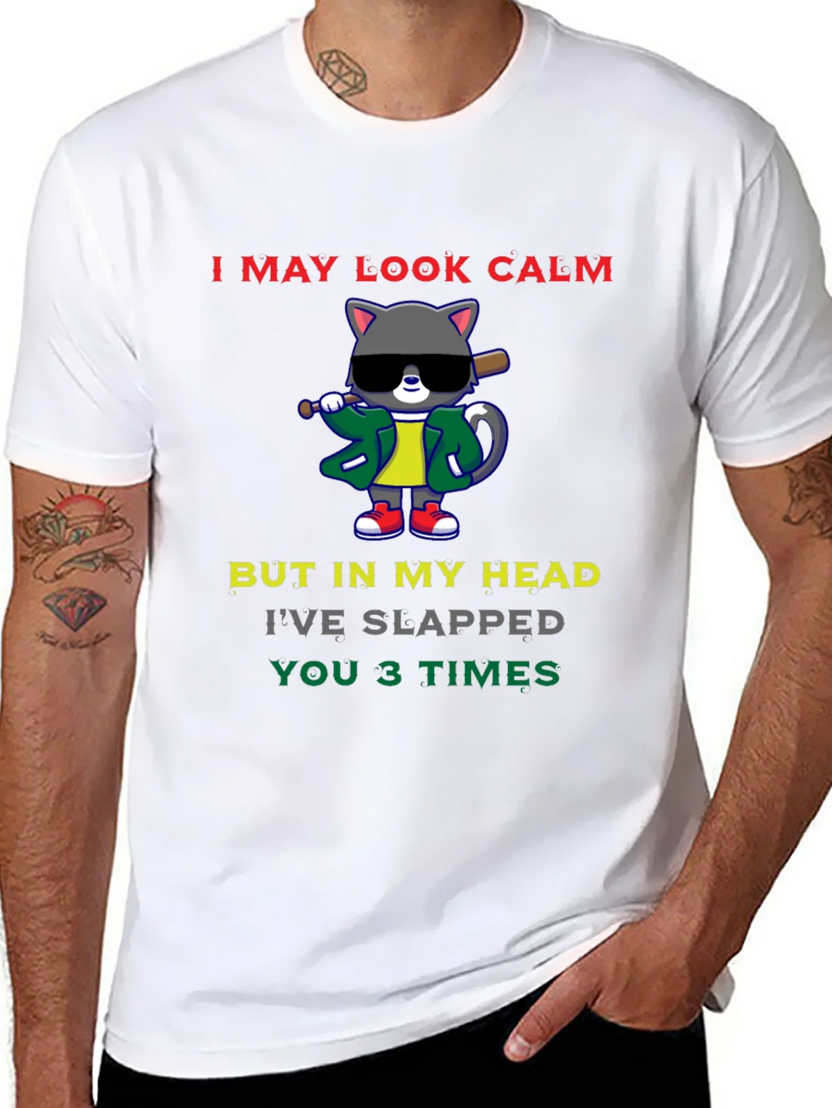 Calm Cat Slapped You 3 Times Black T-Shirt product image 7