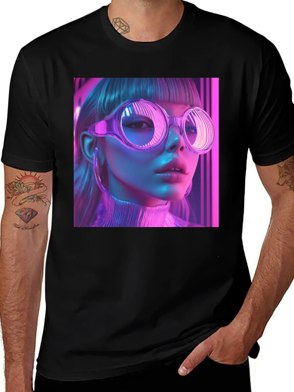 Neon Cyberpunk Girl Graphic Tee - Stylish Black T-Shirt product image 1