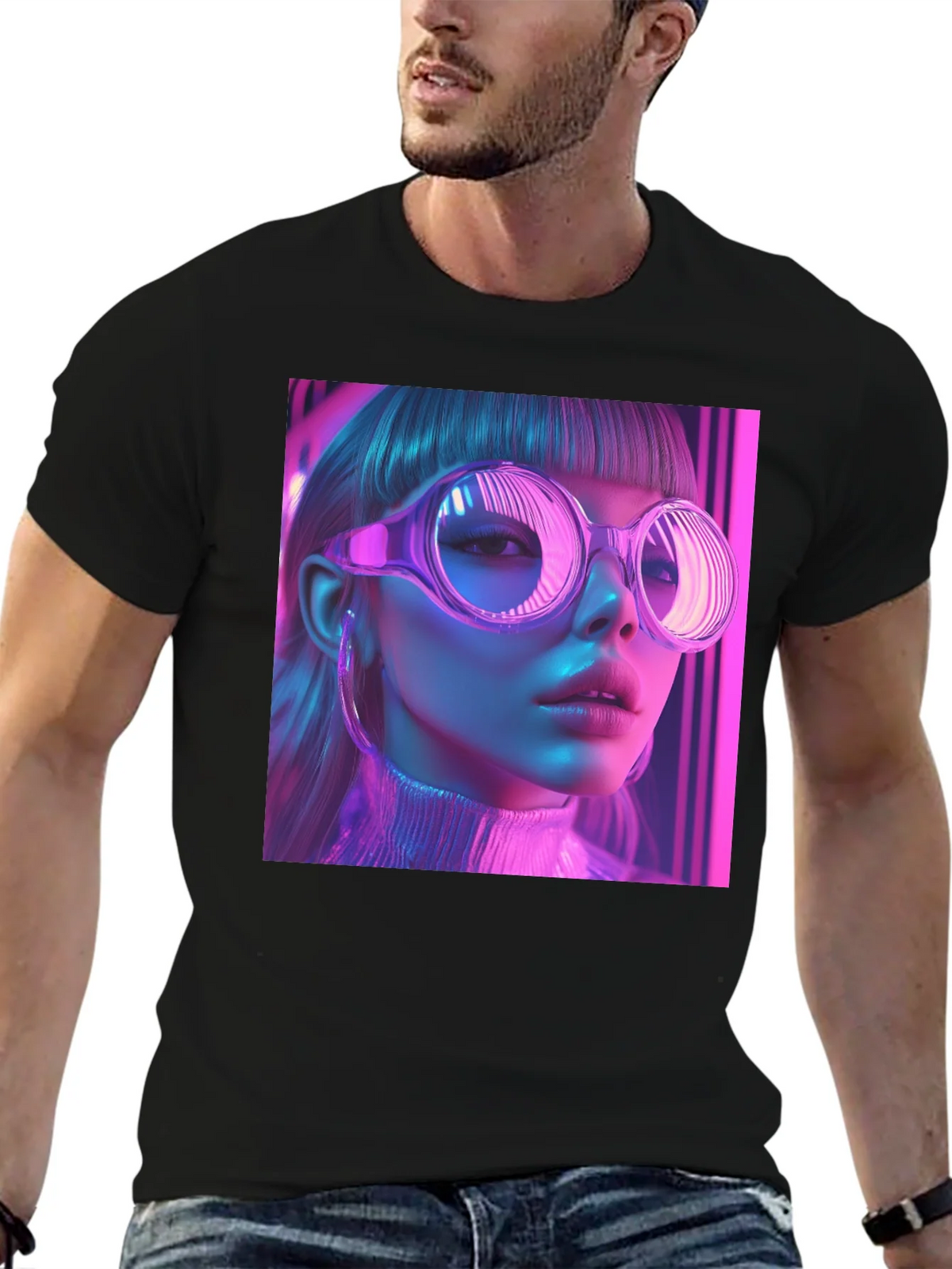 Neon Cyberpunk Girl Graphic Tee - Stylish Black T-Shirt product image 6