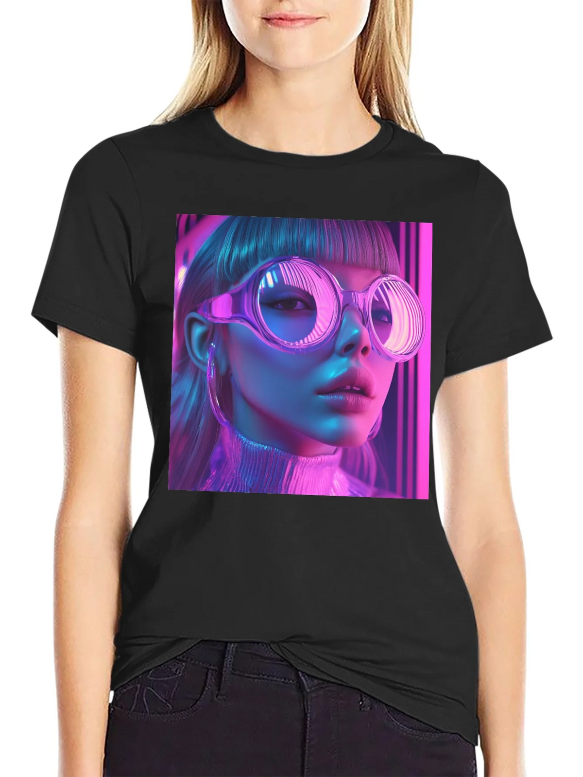 Neon Cyberpunk Girl Graphic Tee - Stylish Black T-Shirt product image 2