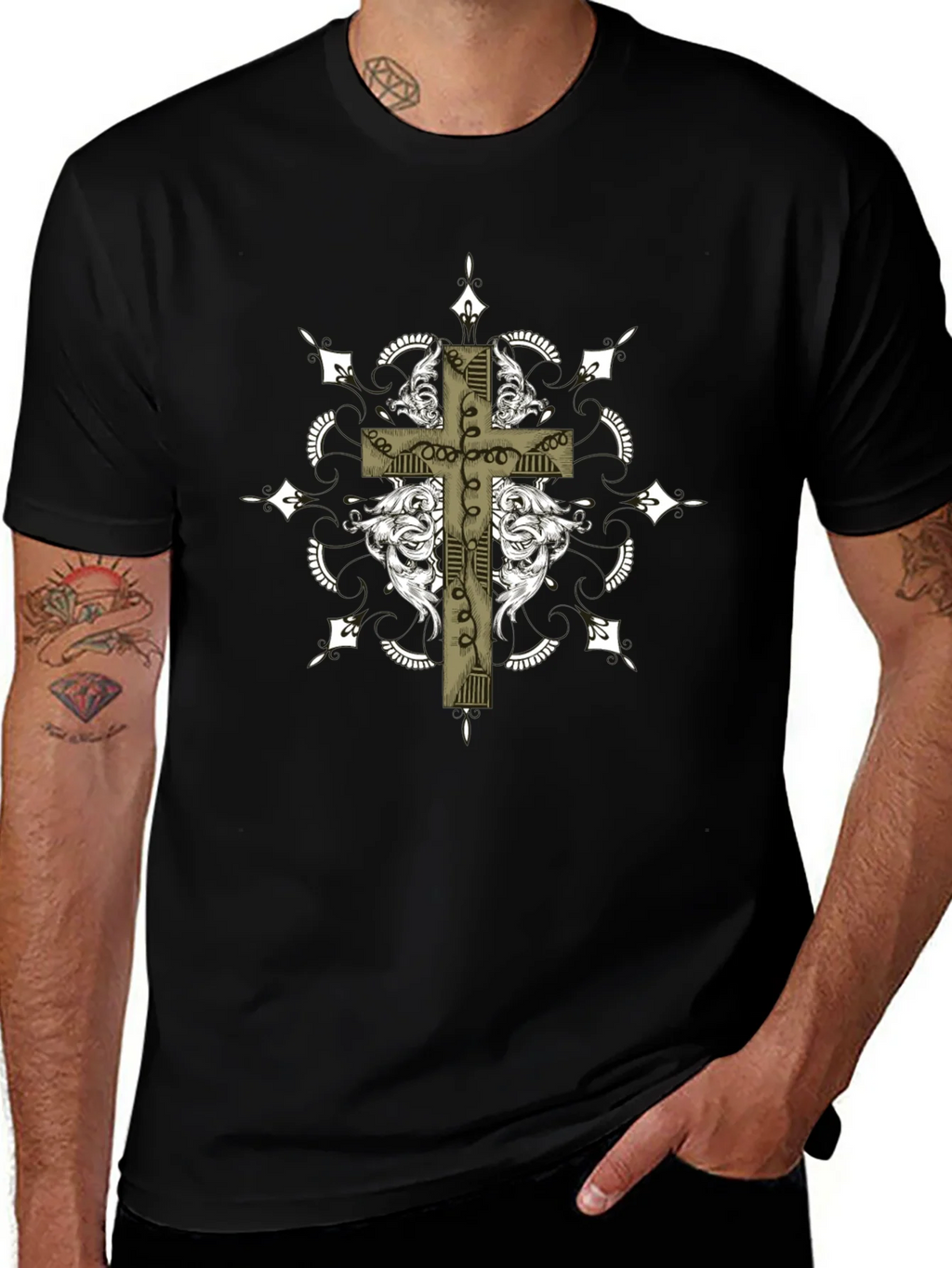 Gothic Cross Graphic Tee - Black Crew Neck product image 1