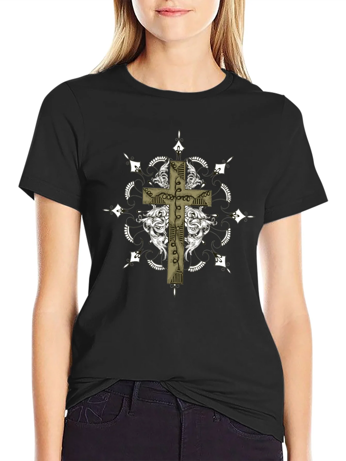 Gothic Cross Graphic Tee - Black Crew Neck product image 2